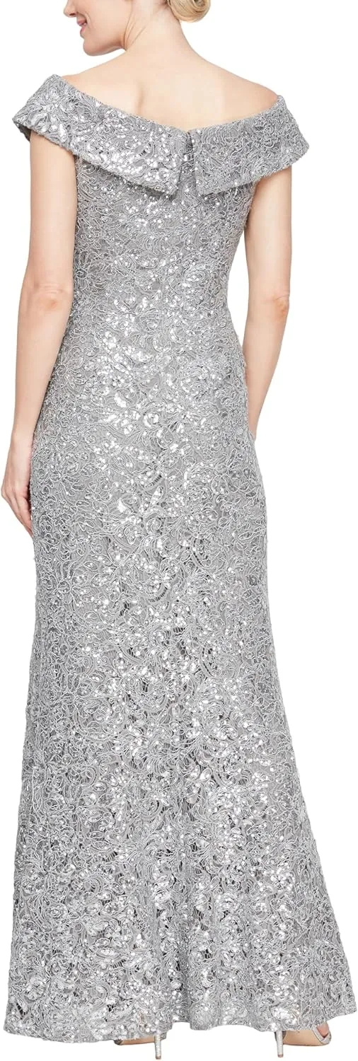 Alex Evenings Women's Off The Shoulder Fit and Flare Dress, Lace and Sequined Elegance for Mother of The Bride Or Groom