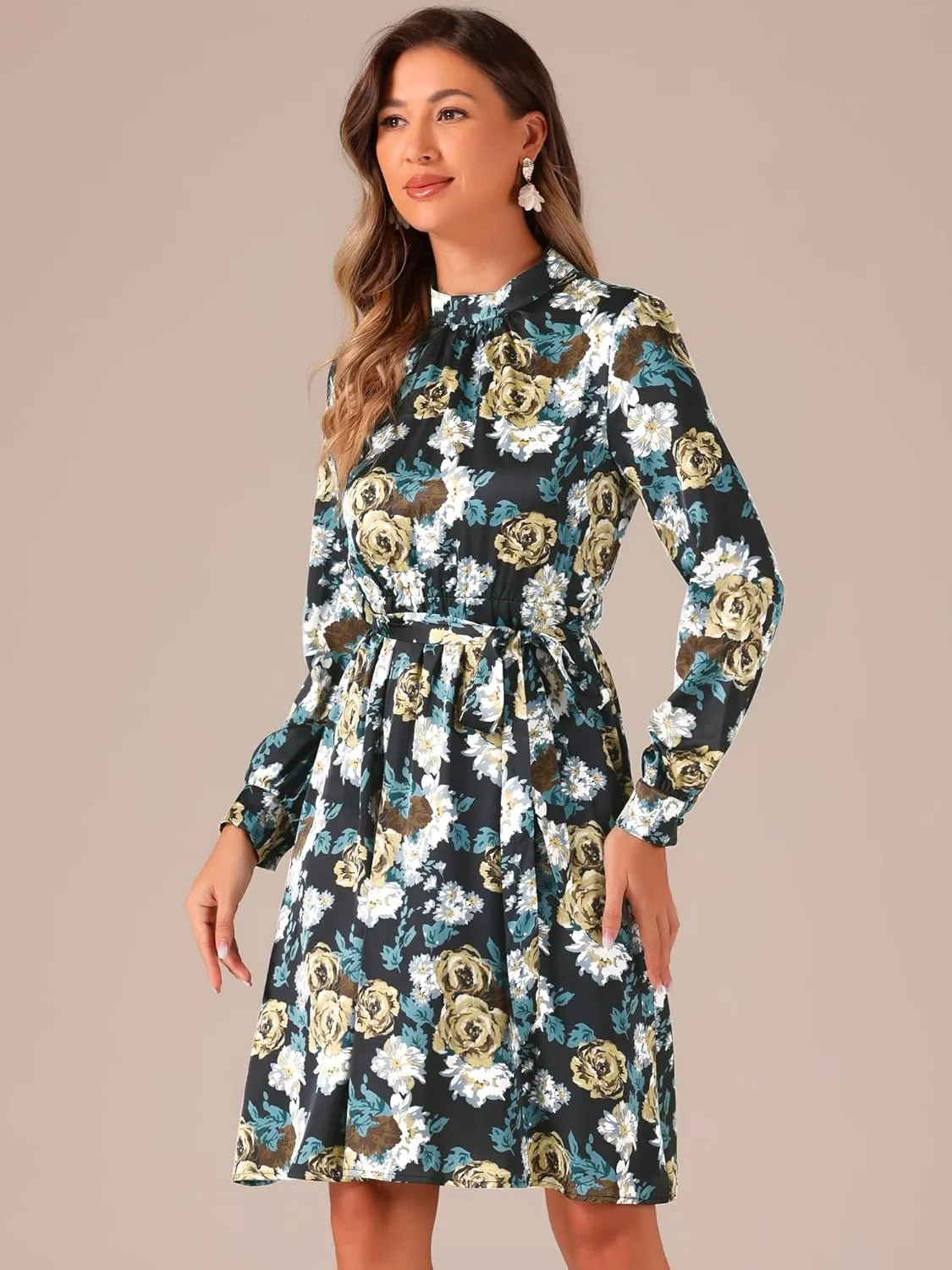 Allegra K Women's Mock Neck Swing Knee Length Long Sleeve A-line Floral Dress