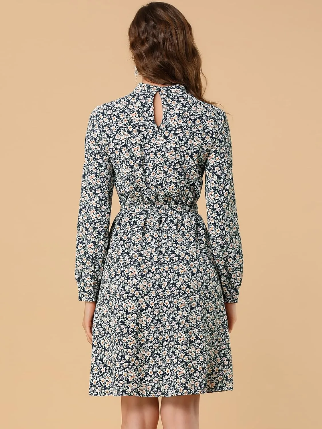 Allegra K Women's Mock Neck Swing Knee Length Long Sleeve A-line Floral Dress