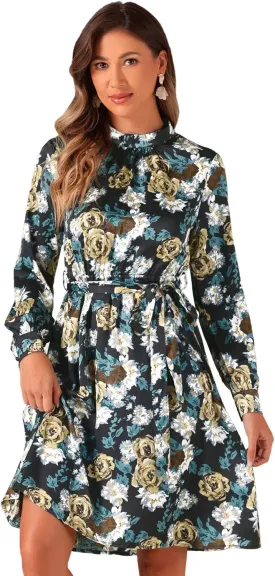 Allegra K Women's Mock Neck Swing Knee Length Long Sleeve A-line Floral Dress