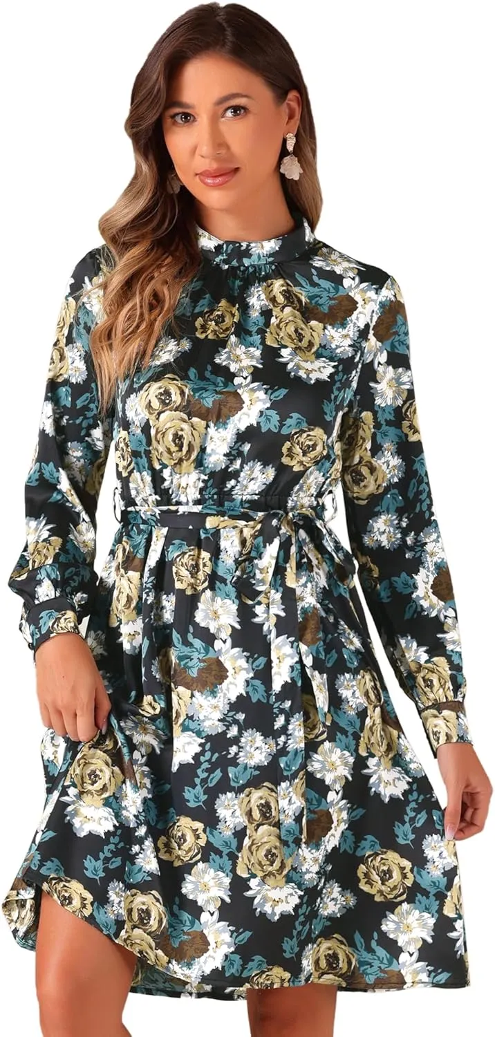 Allegra K Women's Mock Neck Swing Knee Length Long Sleeve A-line Floral Dress