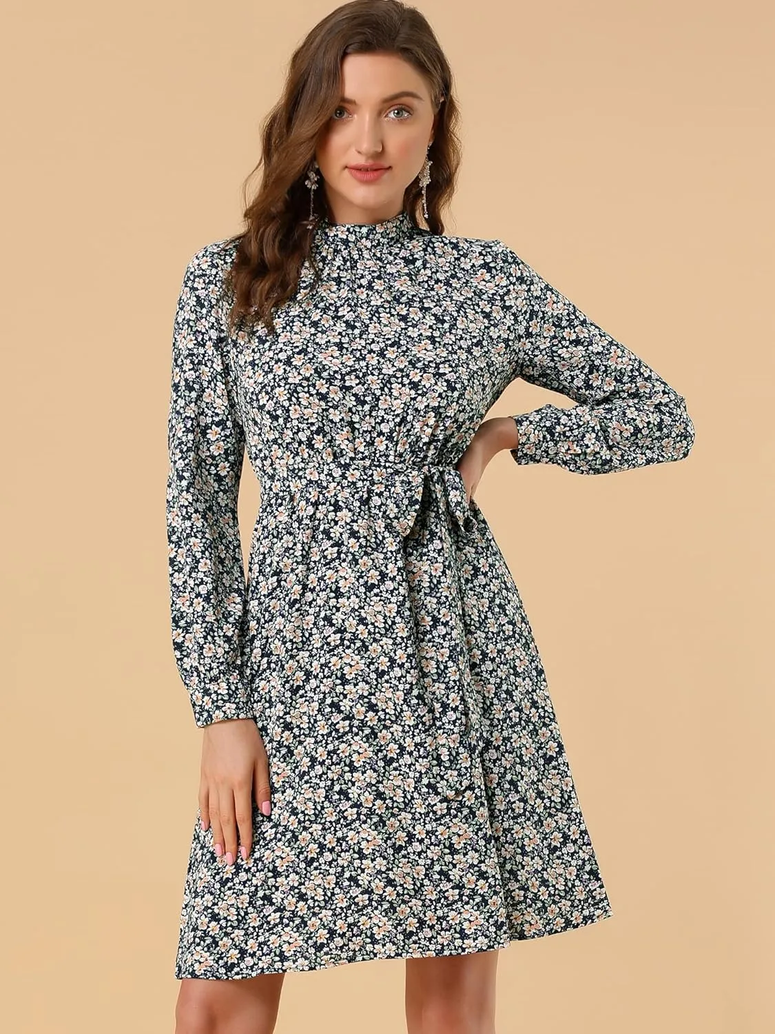 Allegra K Women's Mock Neck Swing Knee Length Long Sleeve A-line Floral Dress