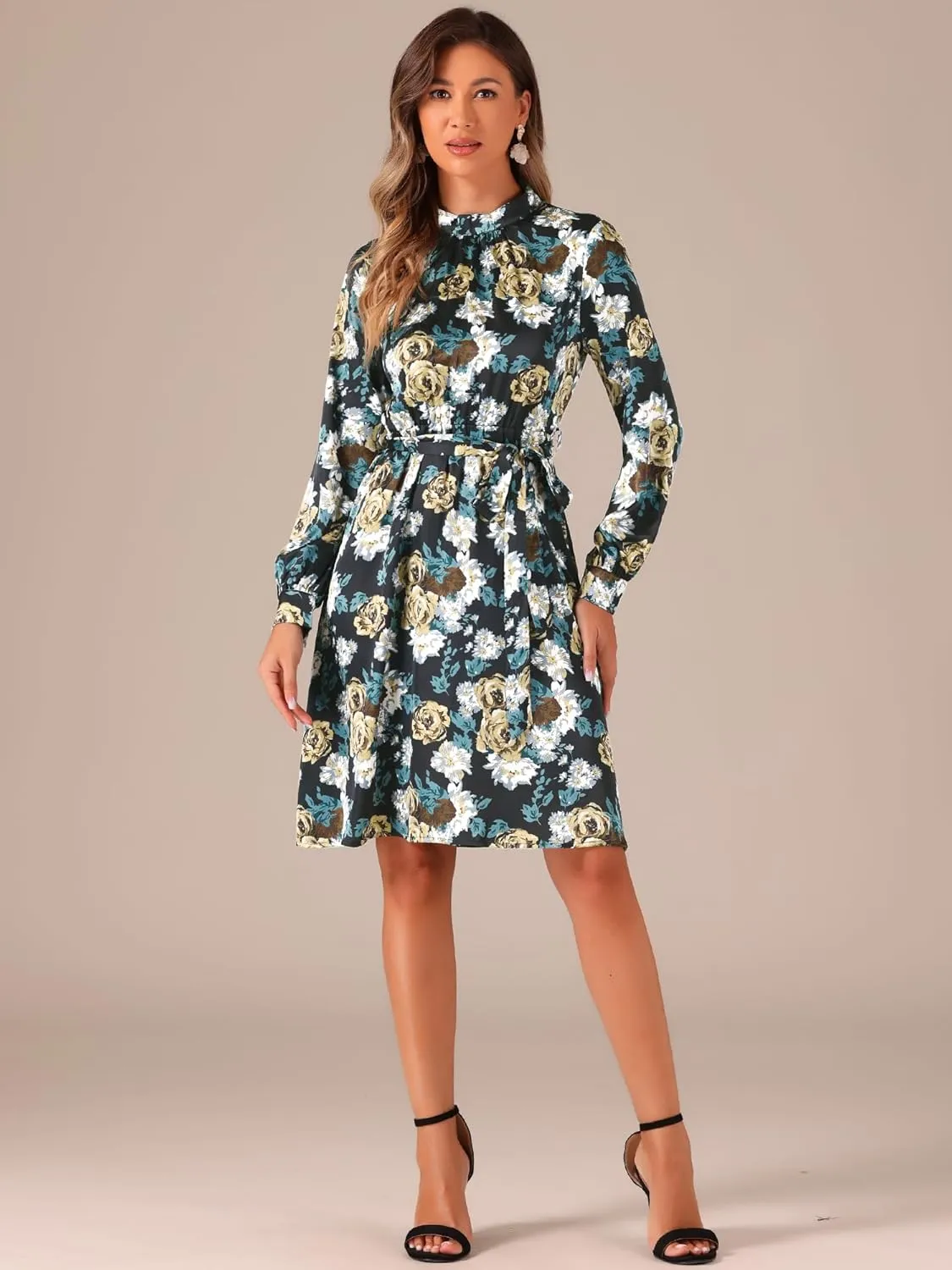 Allegra K Women's Mock Neck Swing Knee Length Long Sleeve A-line Floral Dress