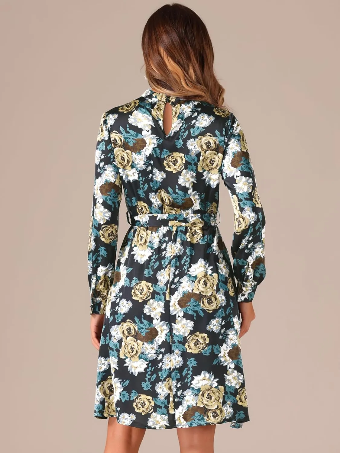 Allegra K Women's Mock Neck Swing Knee Length Long Sleeve A-line Floral Dress