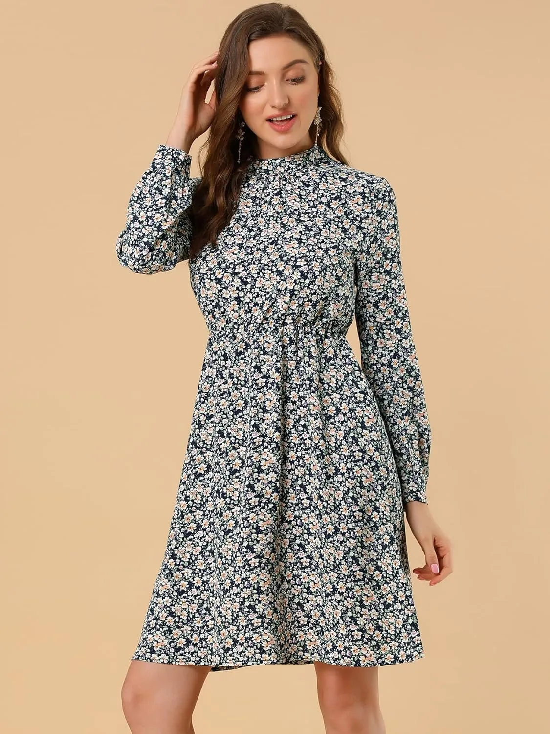 Allegra K Women's Mock Neck Swing Knee Length Long Sleeve A-line Floral Dress