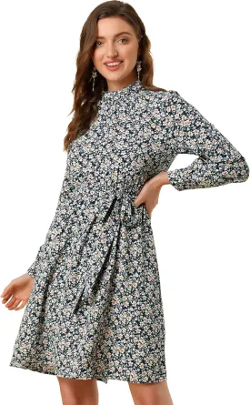 Allegra K Women's Mock Neck Swing Knee Length Long Sleeve A-line Floral Dress