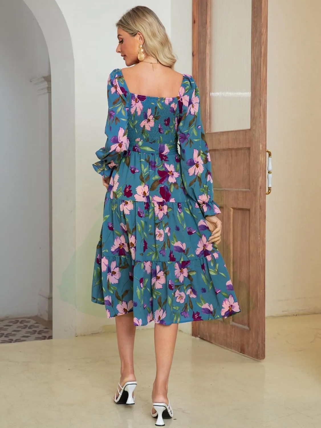 Amegoya Women's Boho Flowy Long Sleeve Square Neck Floral Midi Dress Smocked Spring Fall Wedding Guest Dresses