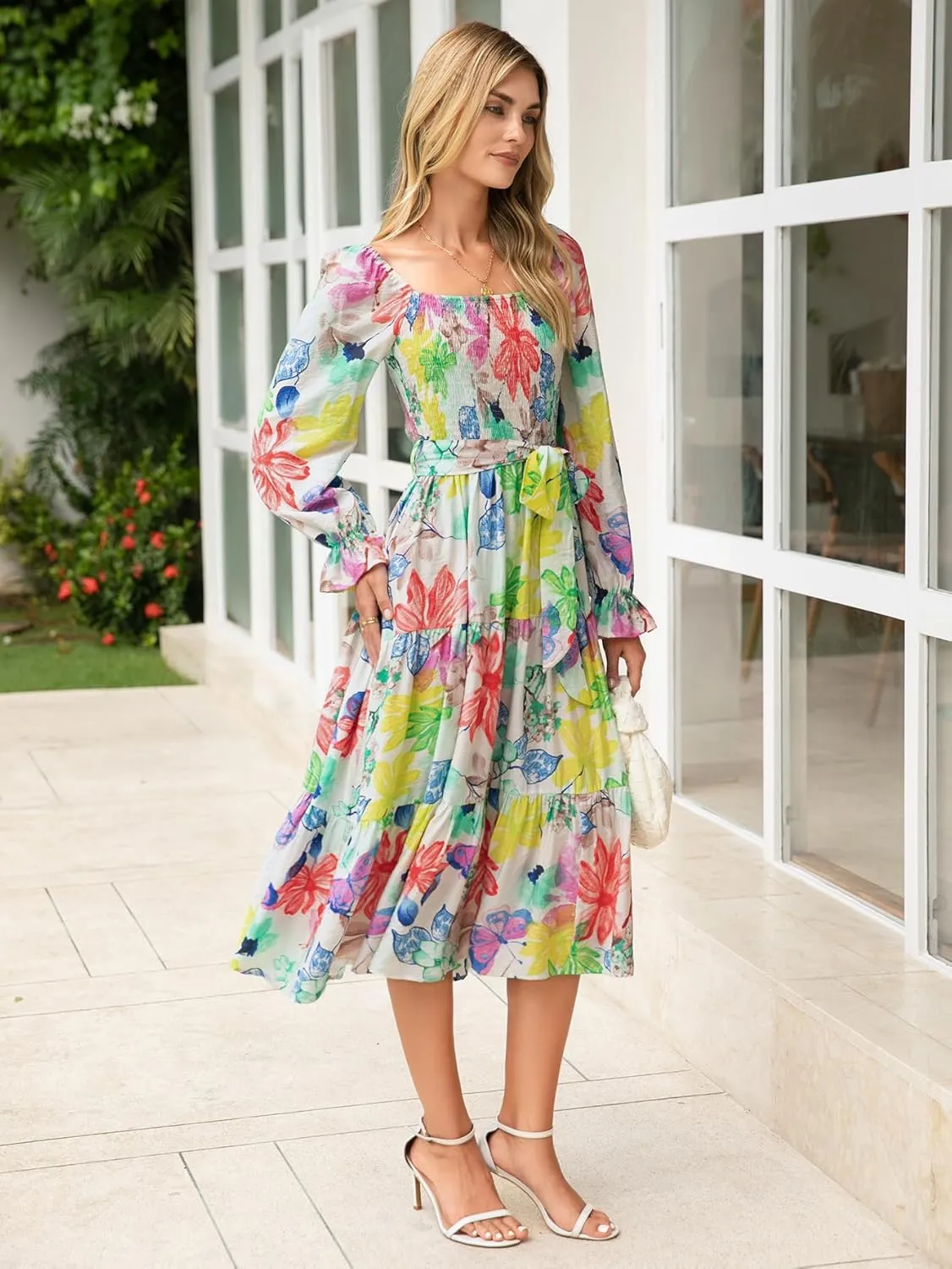 Amegoya Women's Boho Flowy Long Sleeve Square Neck Floral Midi Dress Smocked Spring Fall Wedding Guest Dresses