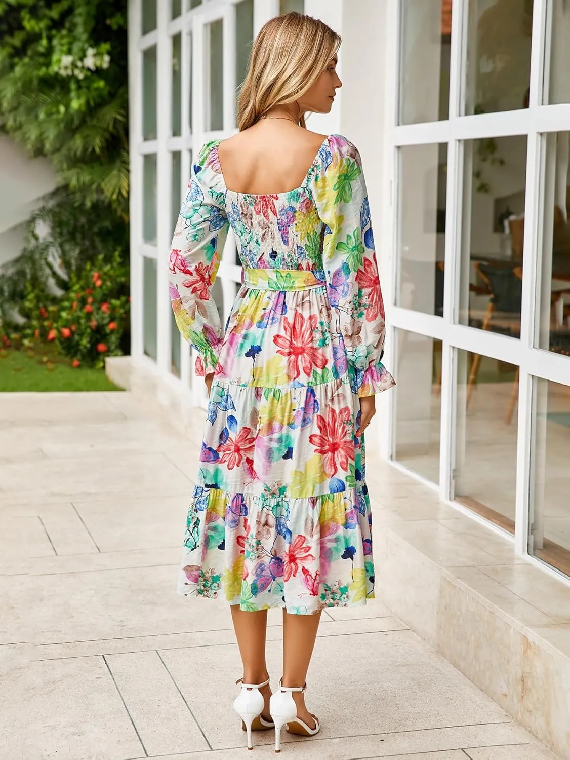 Amegoya Women's Boho Flowy Long Sleeve Square Neck Floral Midi Dress Smocked Spring Fall Wedding Guest Dresses
