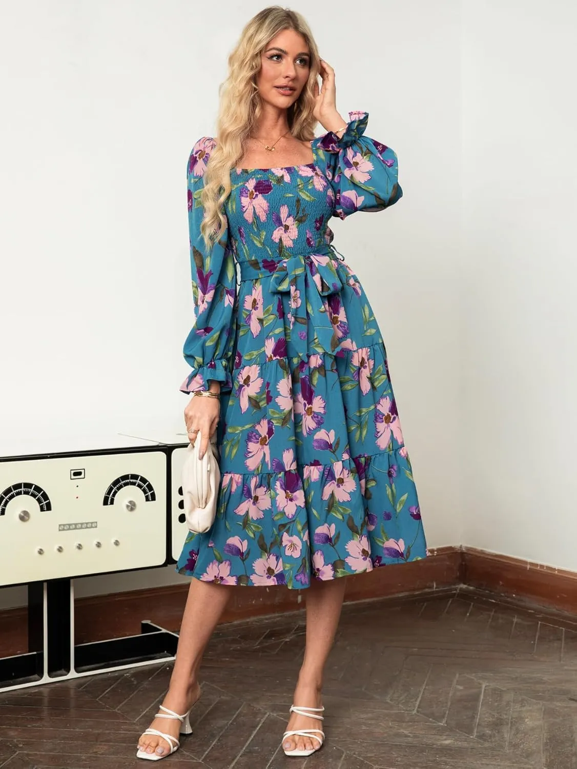 Amegoya Women's Boho Flowy Long Sleeve Square Neck Floral Midi Dress Smocked Spring Fall Wedding Guest Dresses