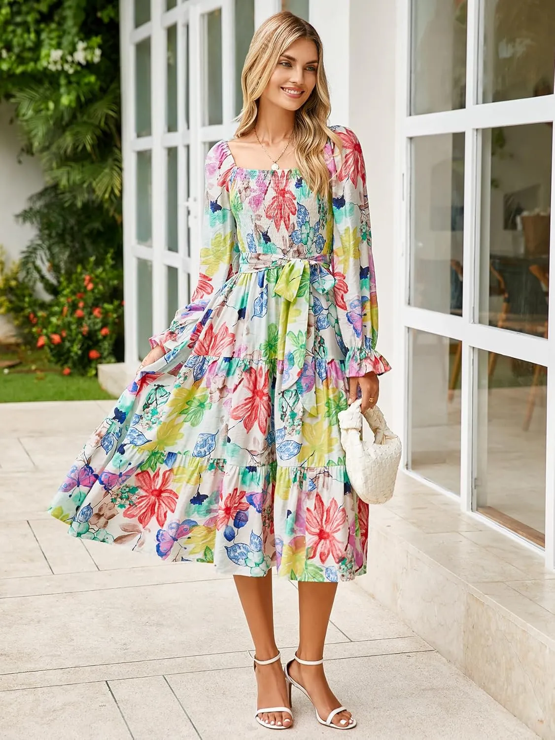Amegoya Women's Boho Flowy Long Sleeve Square Neck Floral Midi Dress Smocked Spring Fall Wedding Guest Dresses