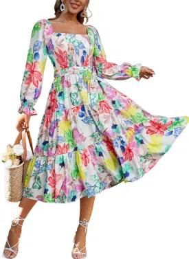 Amegoya Women's Boho Flowy Long Sleeve Square Neck Floral Midi Dress Smocked Spring Fall Wedding Guest Dresses