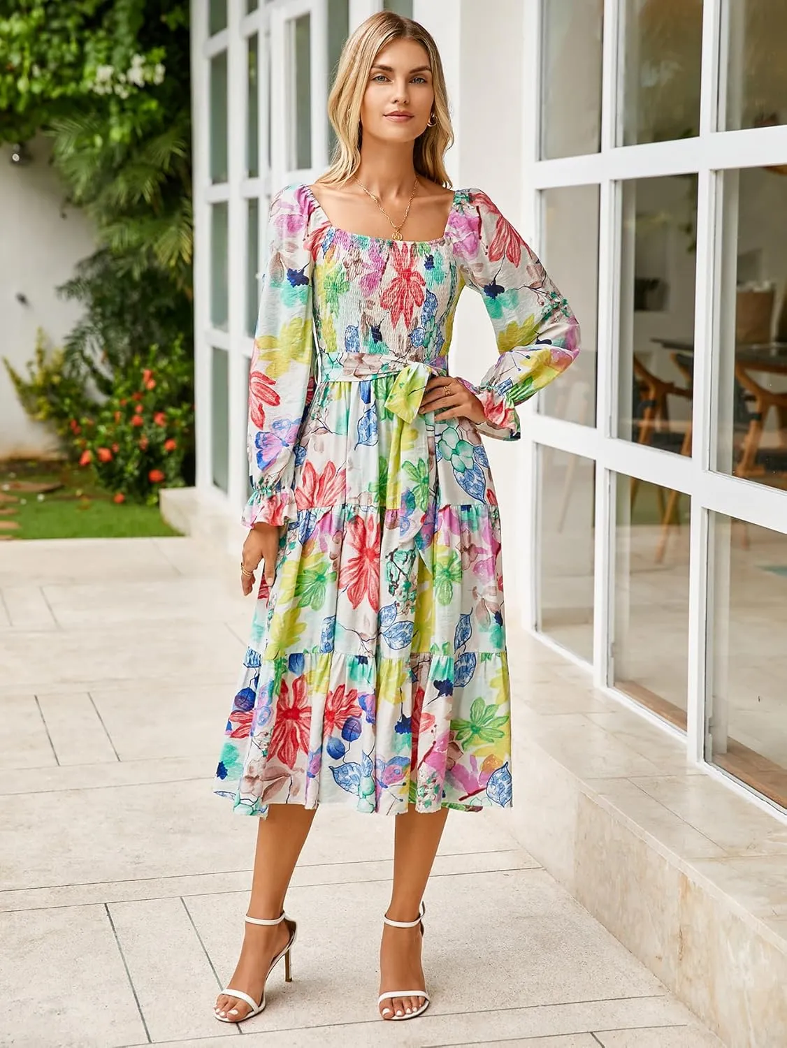 Amegoya Women's Boho Flowy Long Sleeve Square Neck Floral Midi Dress Smocked Spring Fall Wedding Guest Dresses