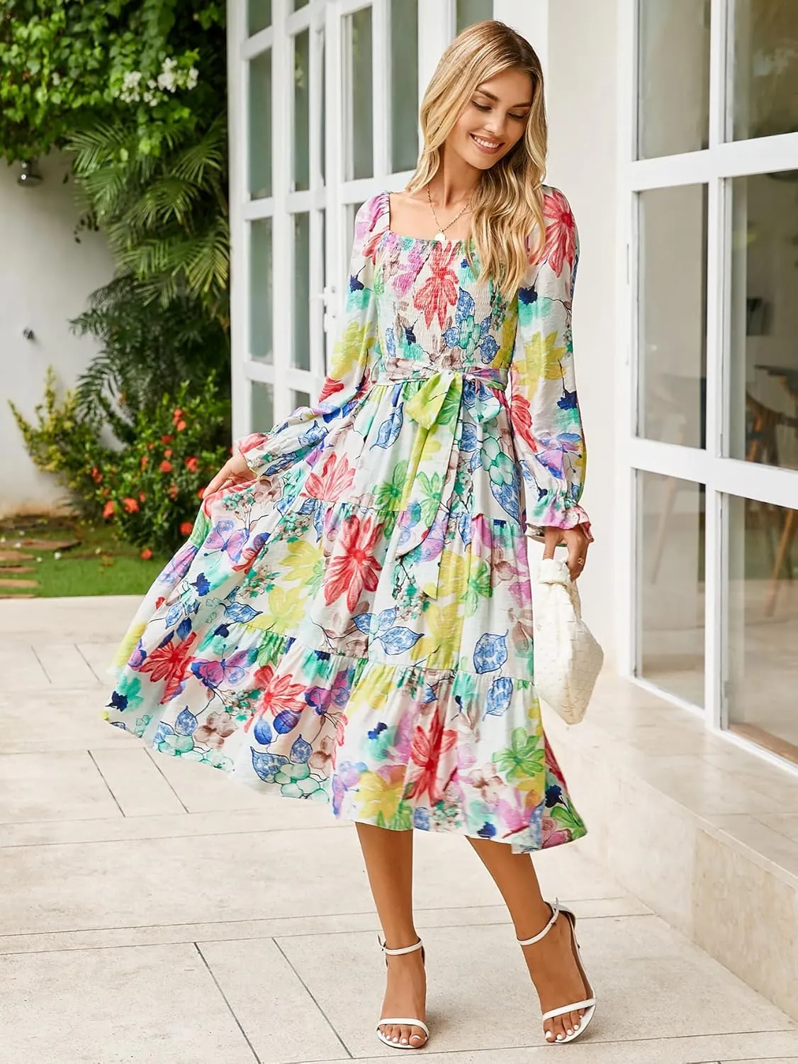 Amegoya Women's Boho Flowy Long Sleeve Square Neck Floral Midi Dress Smocked Spring Fall Wedding Guest Dresses