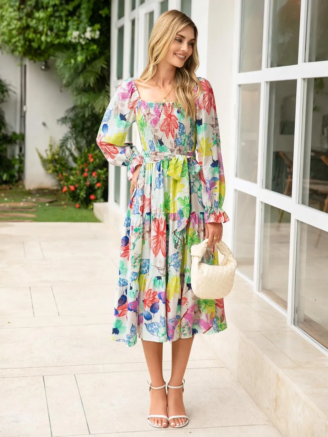 Amegoya Women's Boho Flowy Long Sleeve Square Neck Floral Midi Dress Smocked Spring Fall Wedding Guest Dresses