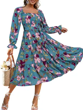 Amegoya Women's Boho Flowy Long Sleeve Square Neck Floral Midi Dress Smocked Spring Fall Wedding Guest Dresses
