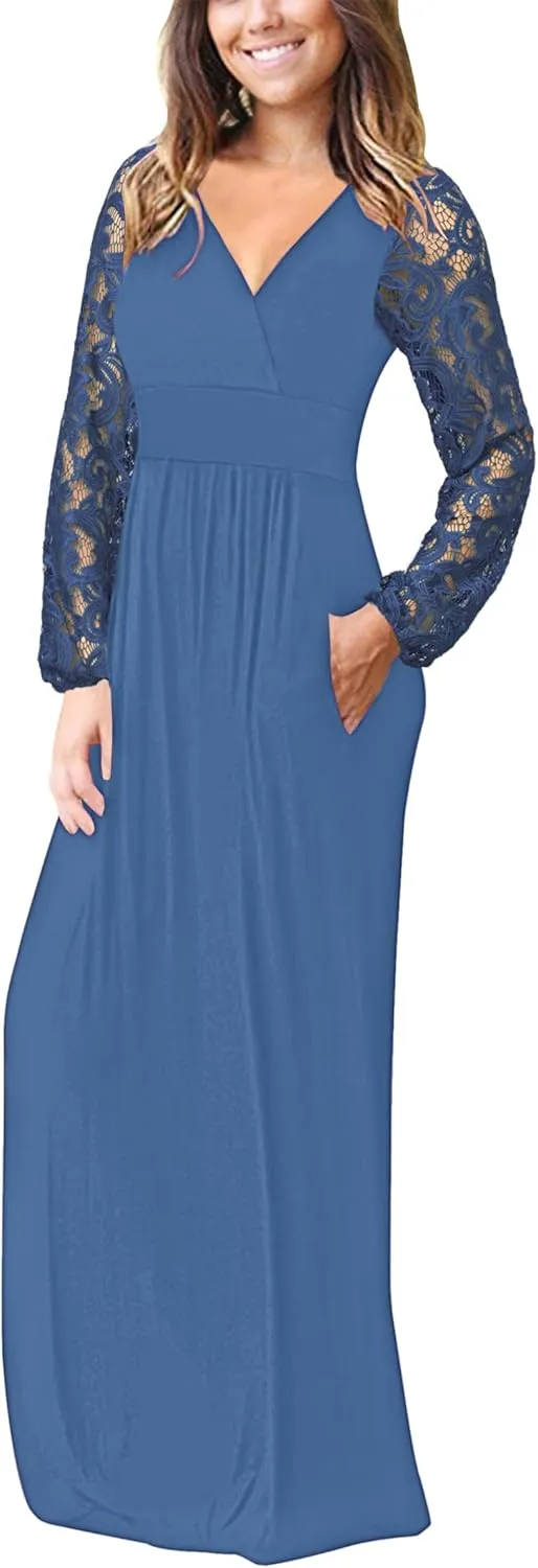 AUSELILY Womens Long Sleeve Maxi Dress 2025 Fall Lace Sleeve Dress V Neck Wrap Waist Long Dresses with Pockets