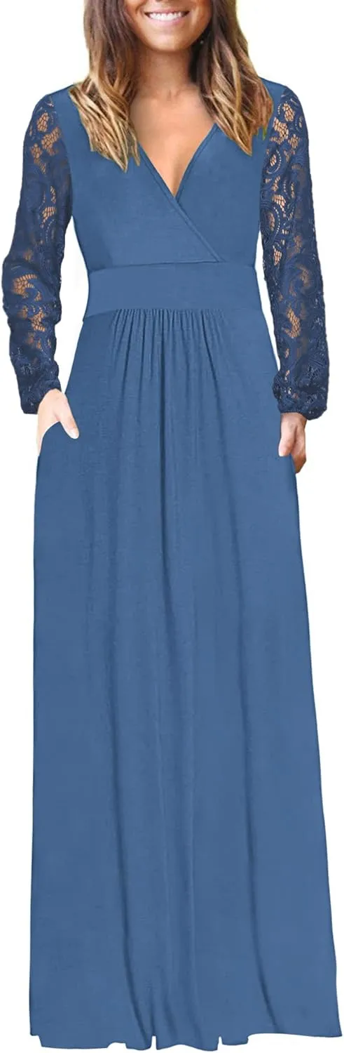 AUSELILY Womens Long Sleeve Maxi Dress 2025 Fall Lace Sleeve Dress V Neck Wrap Waist Long Dresses with Pockets