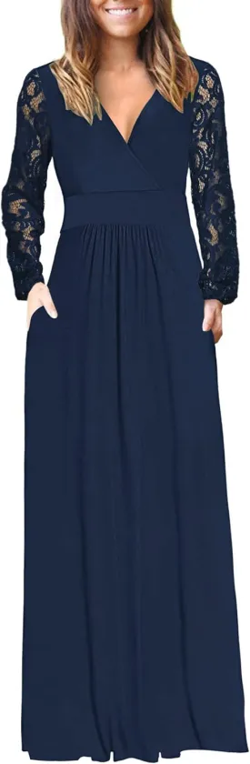 AUSELILY Womens Long Sleeve Maxi Dress 2025 Fall Lace Sleeve Dress V Neck Wrap Waist Long Dresses with Pockets