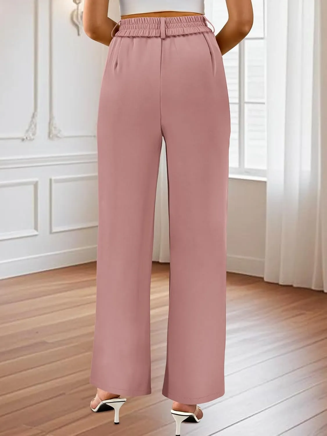 AUXDIO Womens Straight Leg Pants Casual High Waisted Stretchy Double Buttoned Trousers Work Business Dress Pant