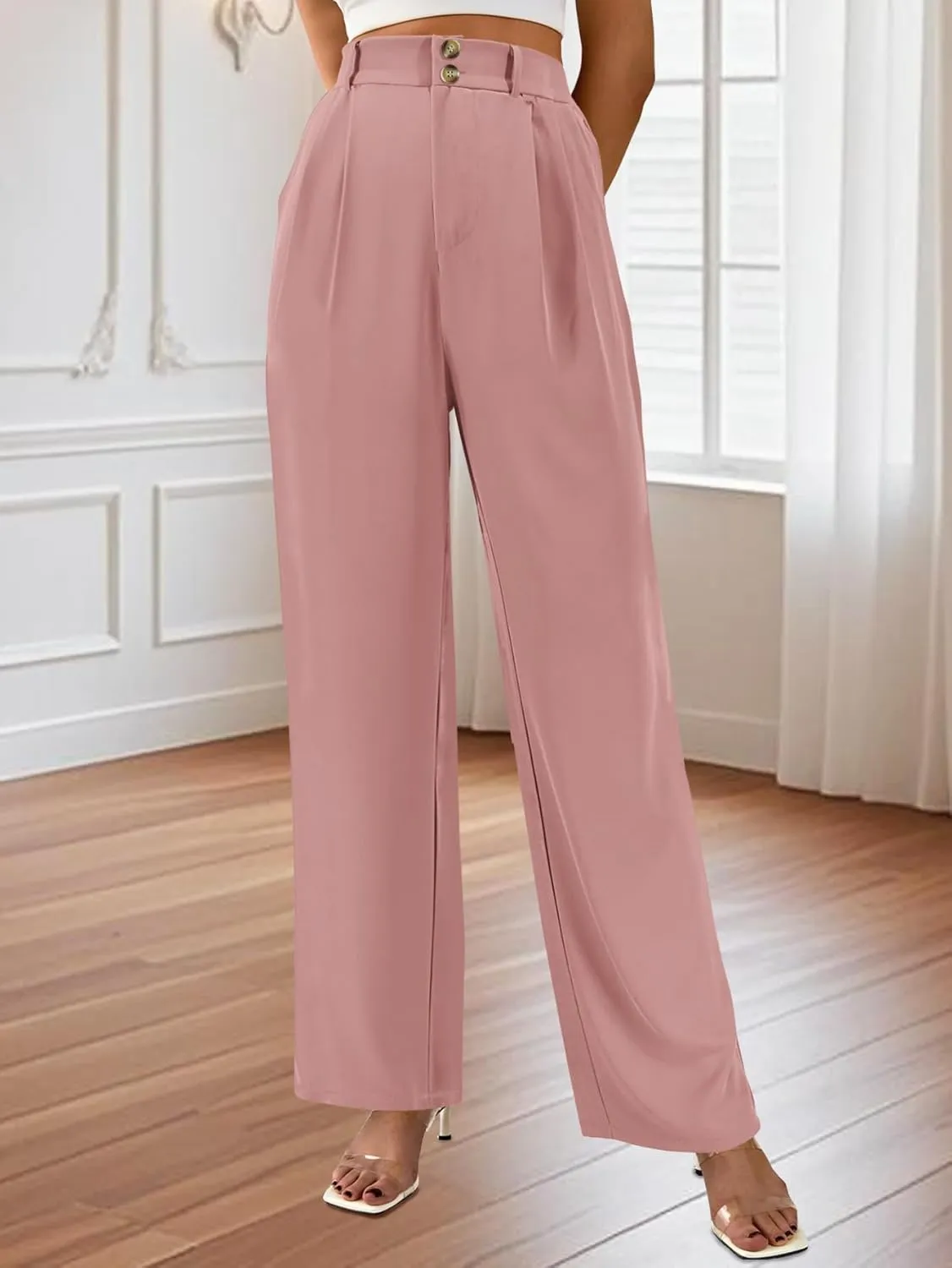 AUXDIO Womens Straight Leg Pants Casual High Waisted Stretchy Double Buttoned Trousers Work Business Dress Pant