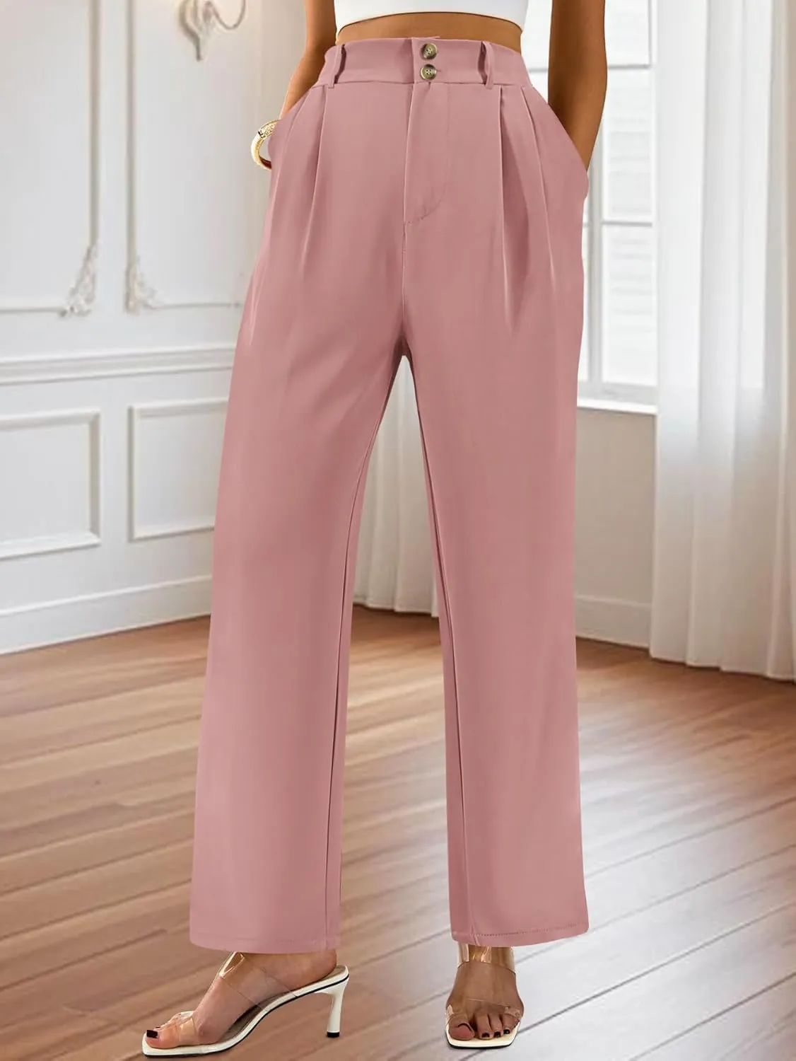AUXDIO Womens Straight Leg Pants Casual High Waisted Stretchy Double Buttoned Trousers Work Business Dress Pant