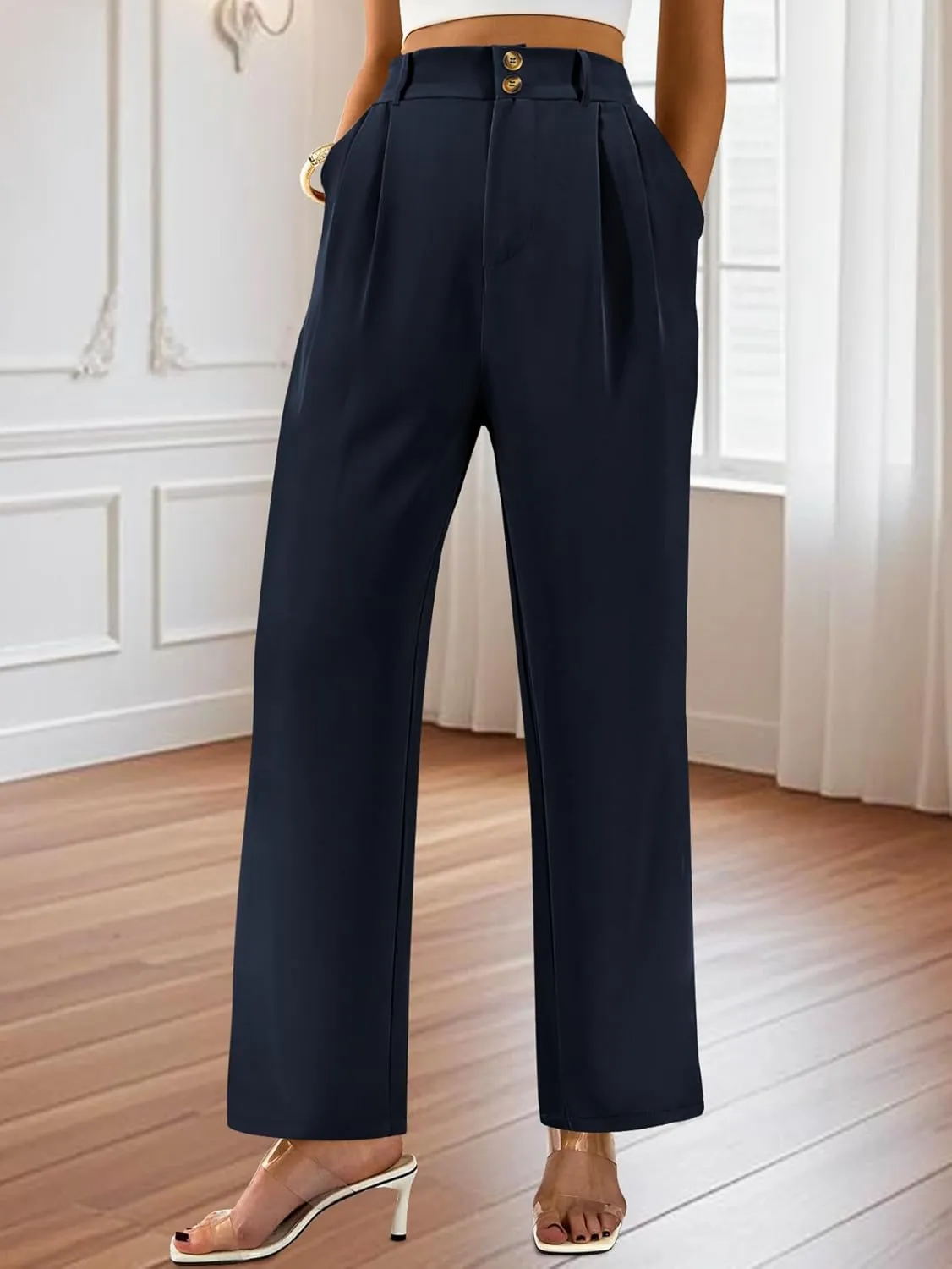 AUXDIO Womens Straight Leg Pants Casual High Waisted Stretchy Double Buttoned Trousers Work Business Dress Pant