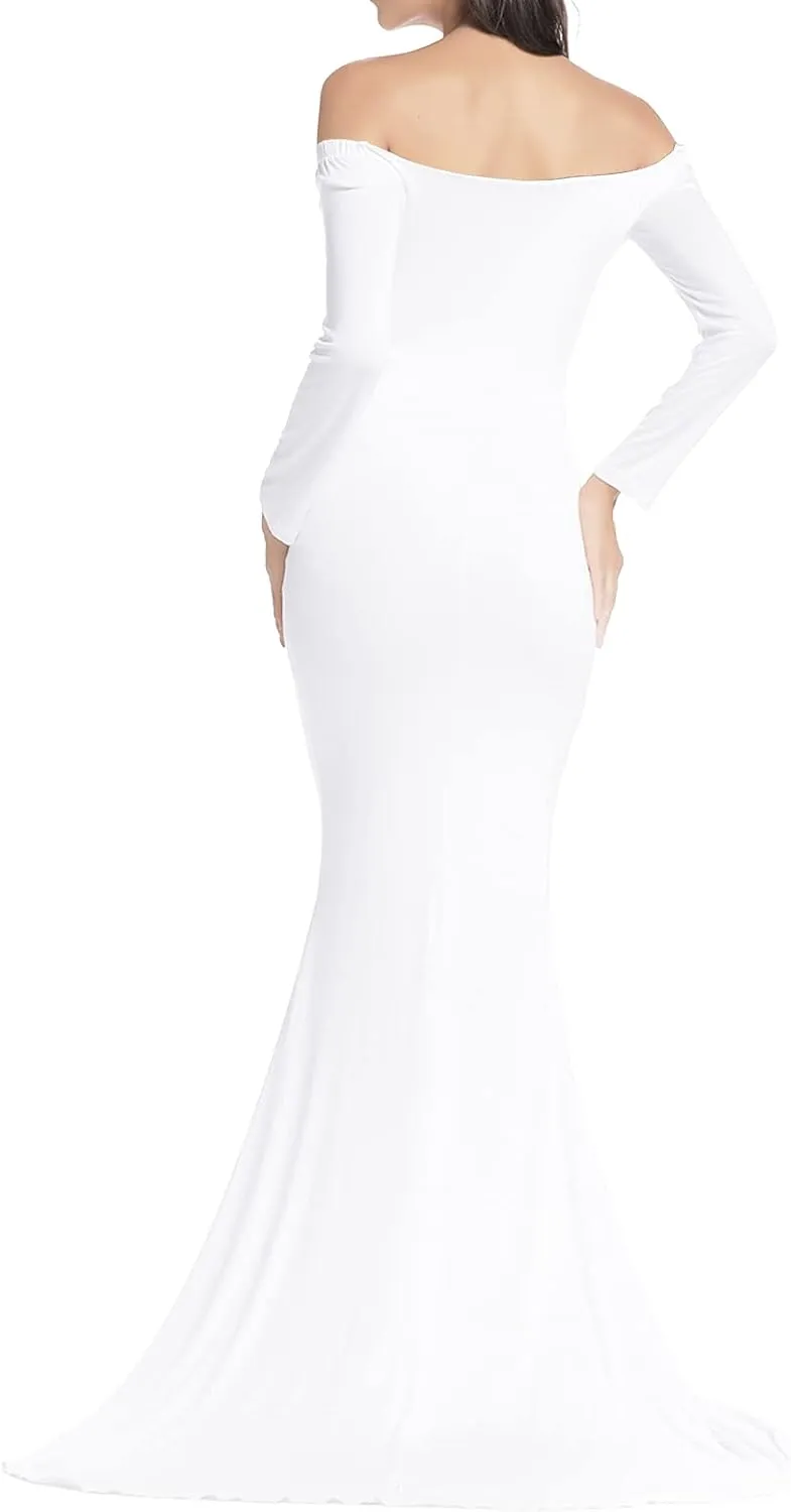 BANETTETA Off Shoulder Maternity Gown for Photoshoot, Long Sleeve Maternity Maxi Dress, Baby Shower Dress for Women