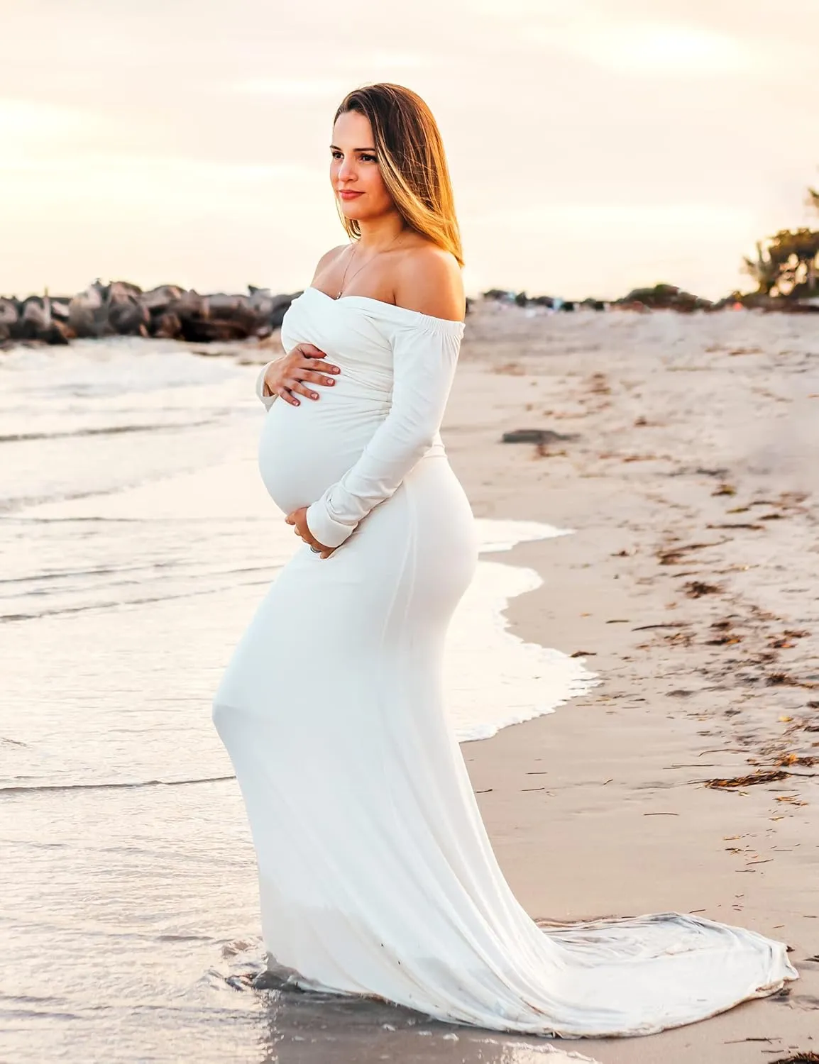 BANETTETA Off Shoulder Maternity Gown for Photoshoot, Long Sleeve Maternity Maxi Dress, Baby Shower Dress for Women