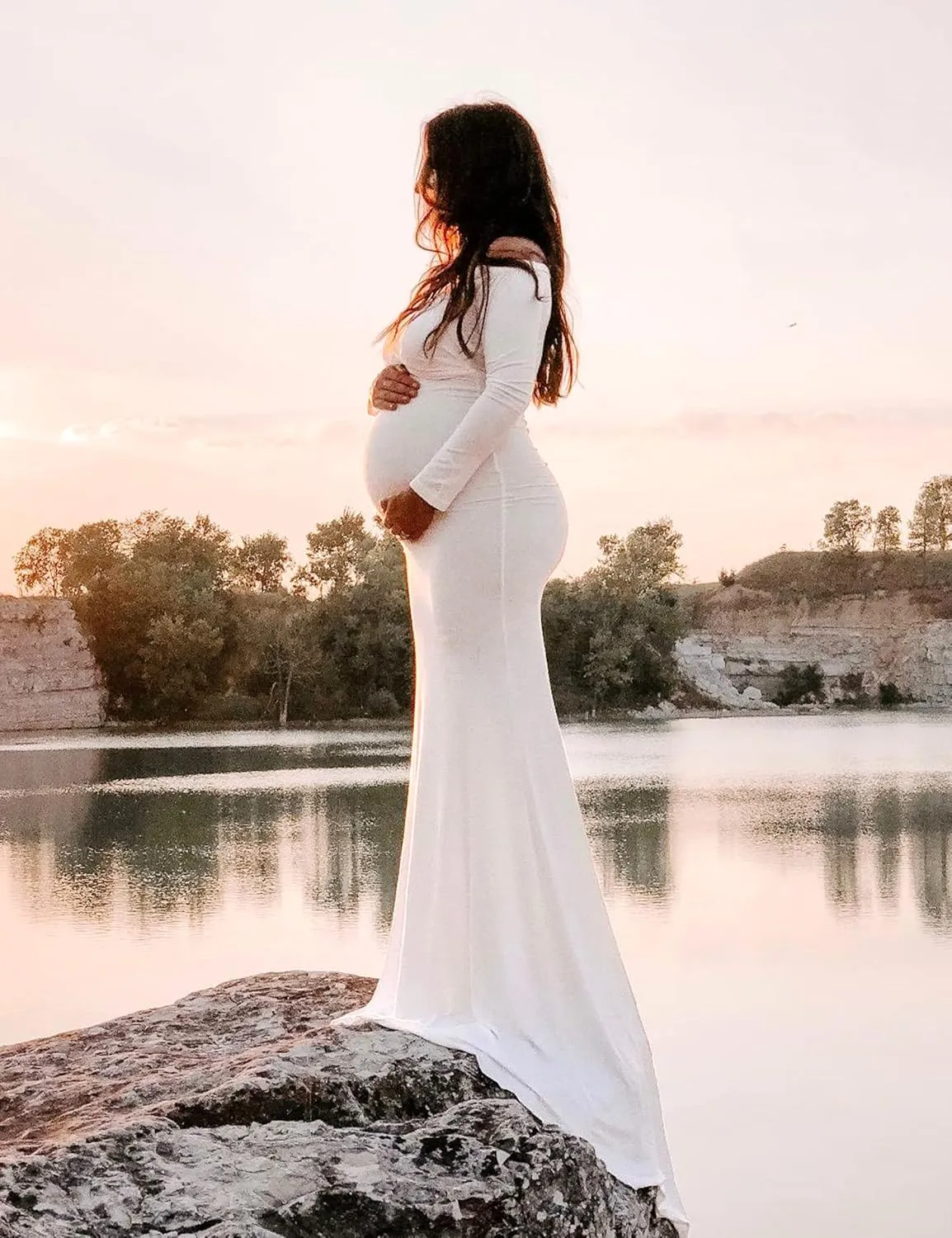 BANETTETA Off Shoulder Maternity Gown for Photoshoot, Long Sleeve Maternity Maxi Dress, Baby Shower Dress for Women