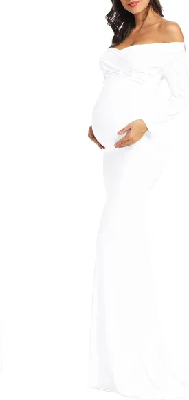 BANETTETA Off Shoulder Maternity Gown for Photoshoot, Long Sleeve Maternity Maxi Dress, Baby Shower Dress for Women