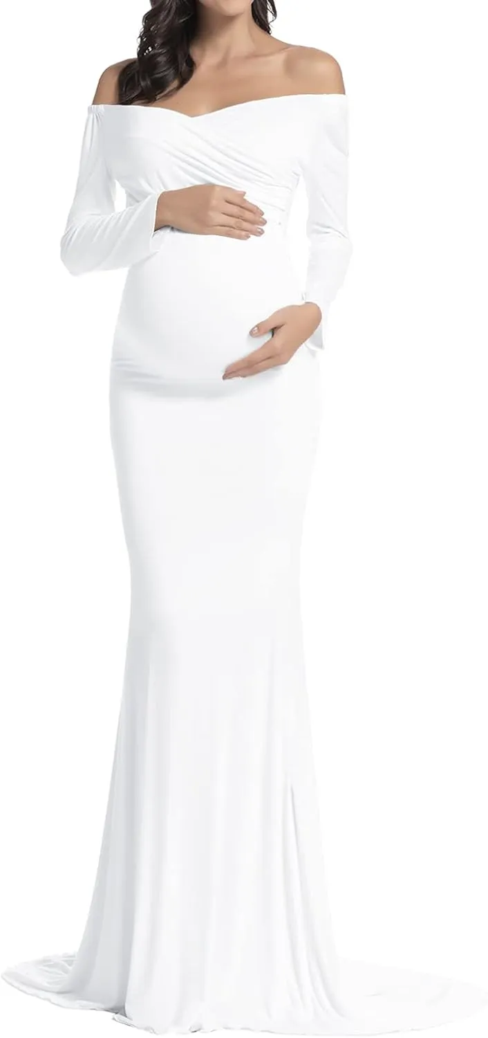 BANETTETA Off Shoulder Maternity Gown for Photoshoot, Long Sleeve Maternity Maxi Dress, Baby Shower Dress for Women