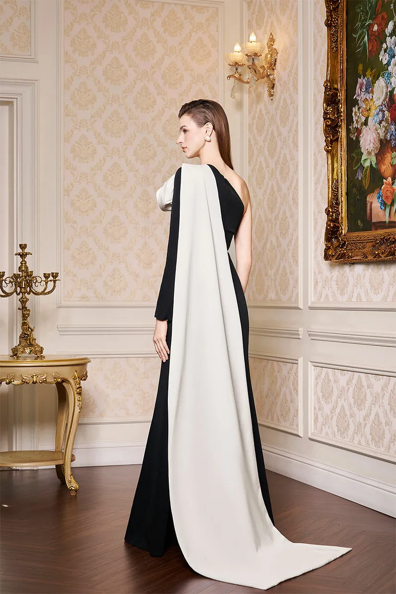 BLACK ASYMETRICAL SHOULDER GOWN WITH DRAPED ROSE