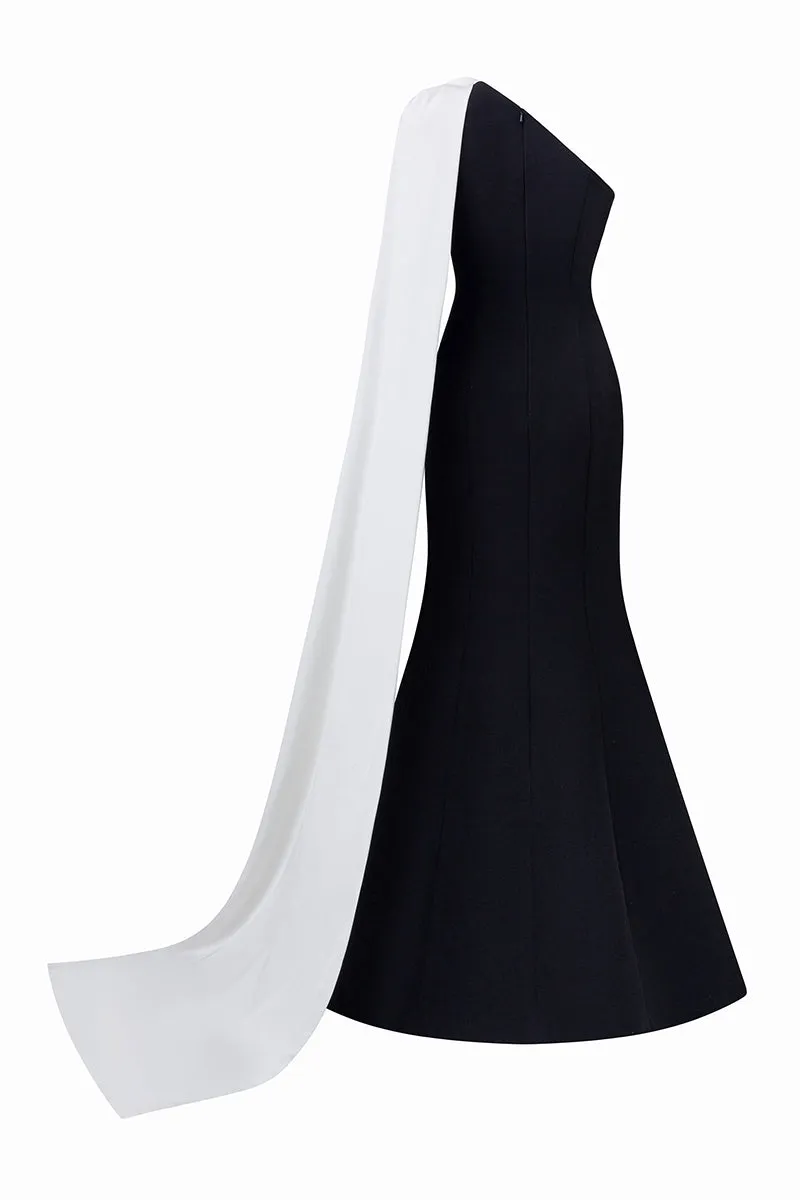 BLACK ASYMETRICAL SHOULDER GOWN WITH DRAPED ROSE