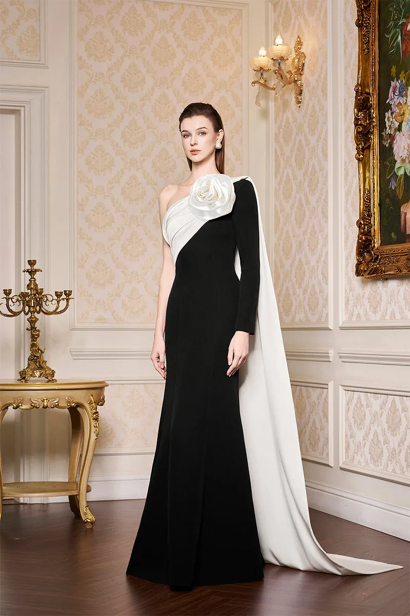 BLACK ASYMETRICAL SHOULDER GOWN WITH DRAPED ROSE