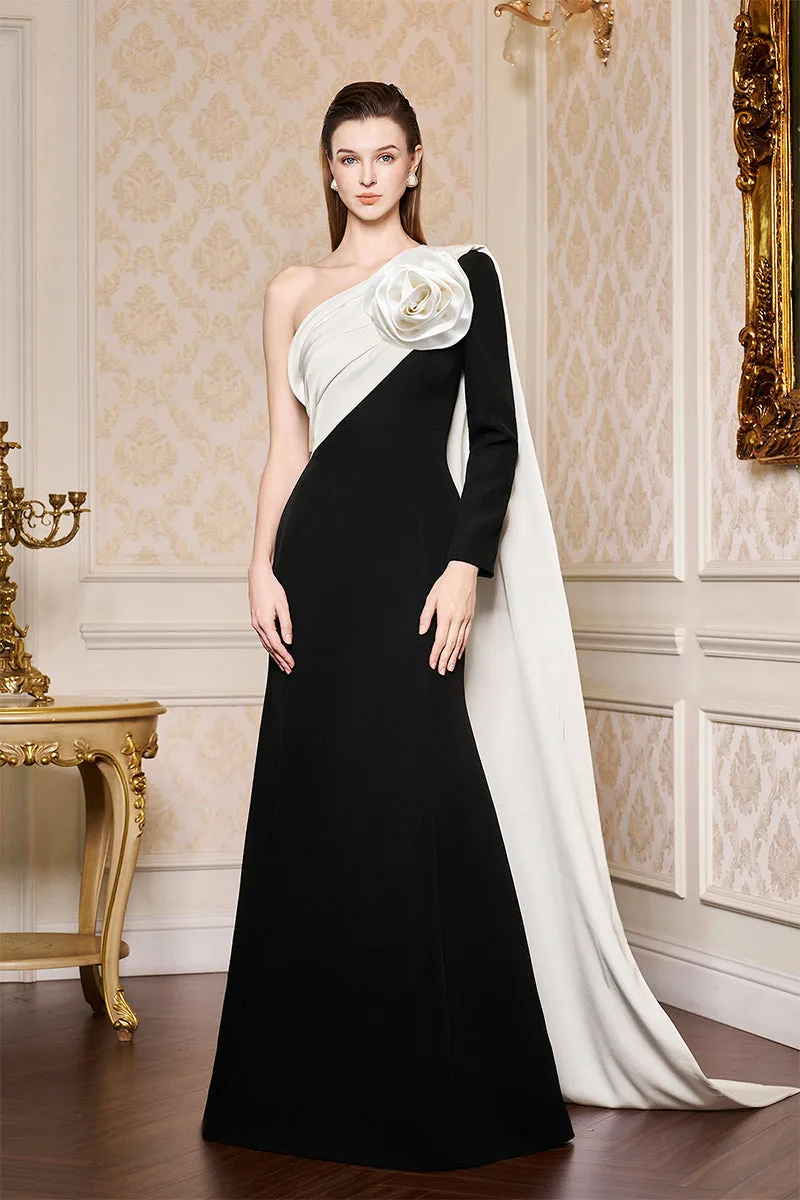 BLACK ASYMETRICAL SHOULDER GOWN WITH DRAPED ROSE