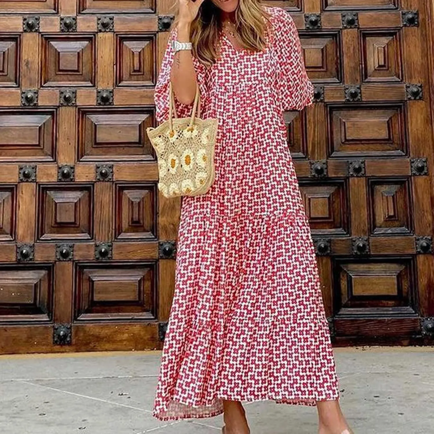 Boho Maxi Dresses for Women 2025 Casual Loose Fit Puff Sleeve Long Bohemian Dress Geometric V Neck Tiered Flowy Dress