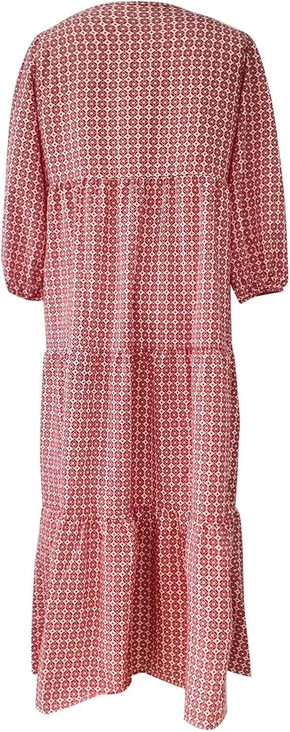 Boho Maxi Dresses for Women 2025 Casual Loose Fit Puff Sleeve Long Bohemian Dress Geometric V Neck Tiered Flowy Dress