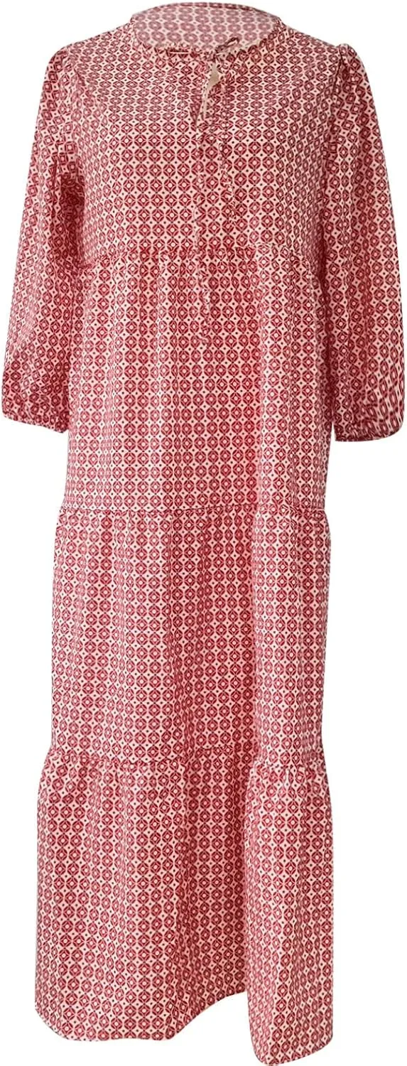 Boho Maxi Dresses for Women 2025 Casual Loose Fit Puff Sleeve Long Bohemian Dress Geometric V Neck Tiered Flowy Dress