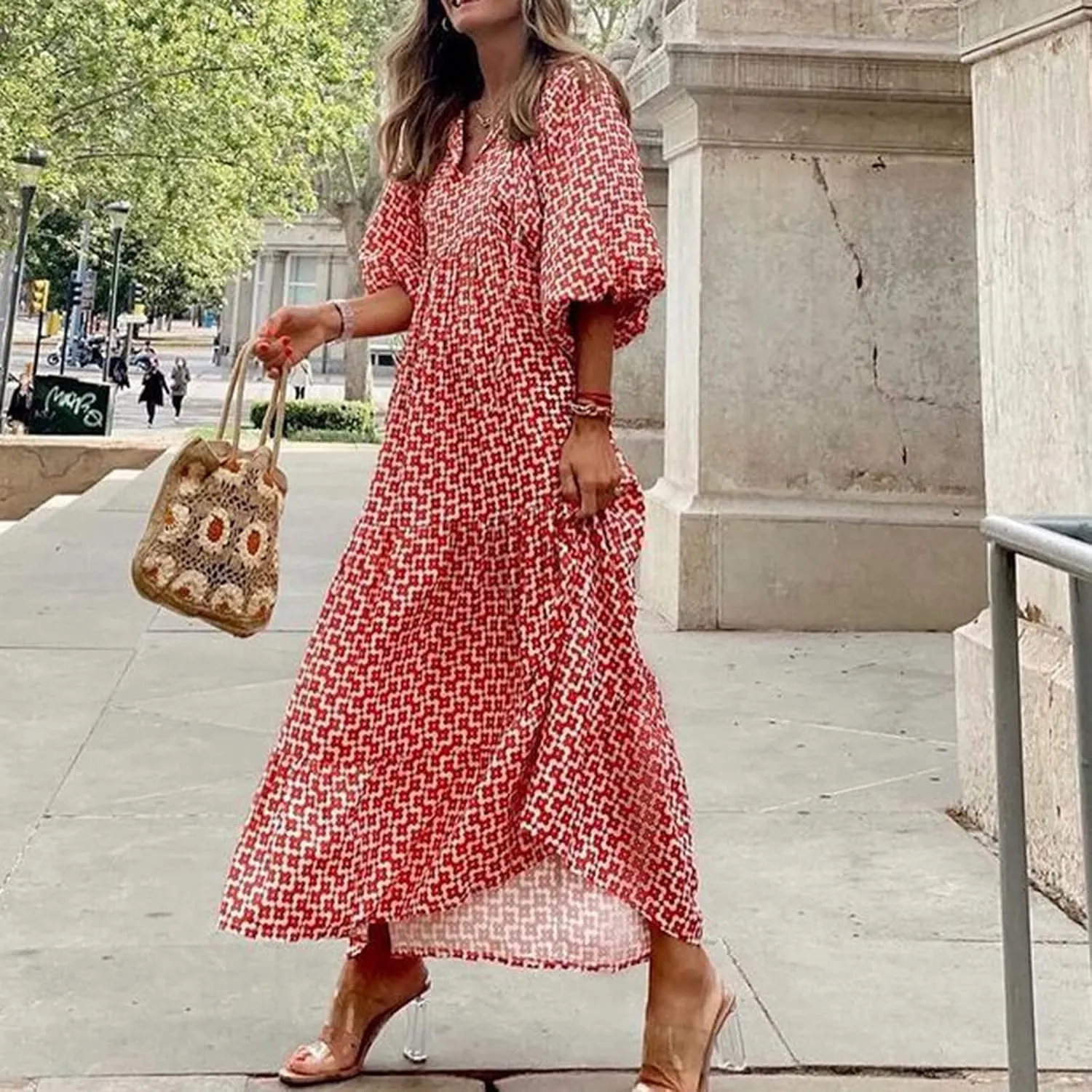 Boho Maxi Dresses for Women 2025 Casual Loose Fit Puff Sleeve Long Bohemian Dress Geometric V Neck Tiered Flowy Dress