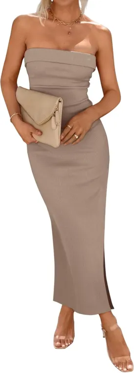 BTFBM Womens Tube Strapless Maxi Dress 2025 Summer Knit Backless Slit Bodycon Wedding Party Formal Cocktail Dresses
