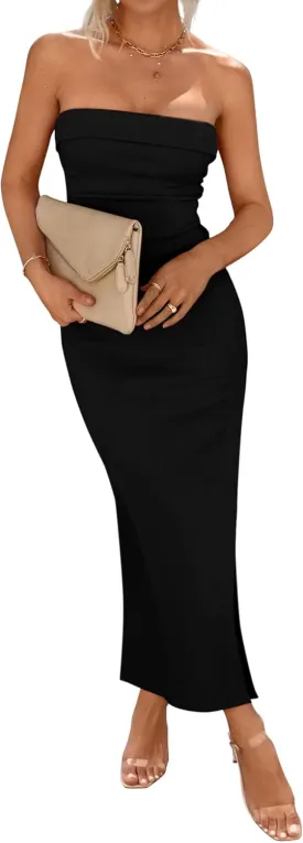 BTFBM Womens Tube Strapless Maxi Dress 2025 Summer Knit Backless Slit Bodycon Wedding Party Formal Cocktail Dresses
