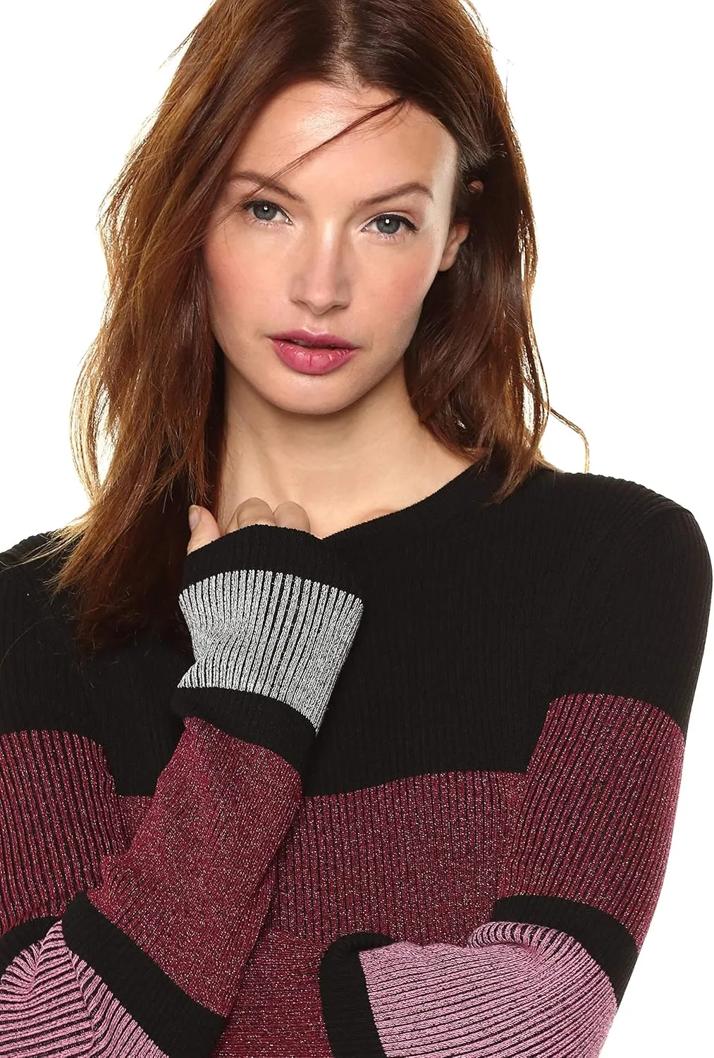 Cable Stitch Women's Stripe Ribbed Dress - Crewneck Long Sleeve Colorblock Bodycon Fitted Midi Sweater Dress