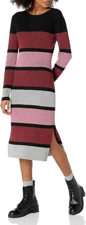 Cable Stitch Women's Stripe Ribbed Dress - Crewneck Long Sleeve Colorblock Bodycon Fitted Midi Sweater Dress