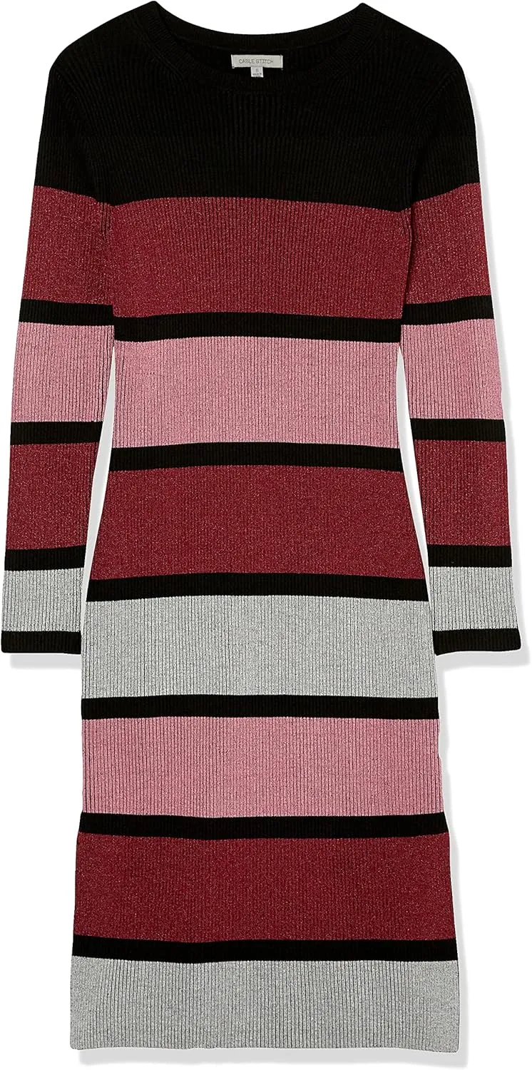 Cable Stitch Women's Stripe Ribbed Dress - Crewneck Long Sleeve Colorblock Bodycon Fitted Midi Sweater Dress