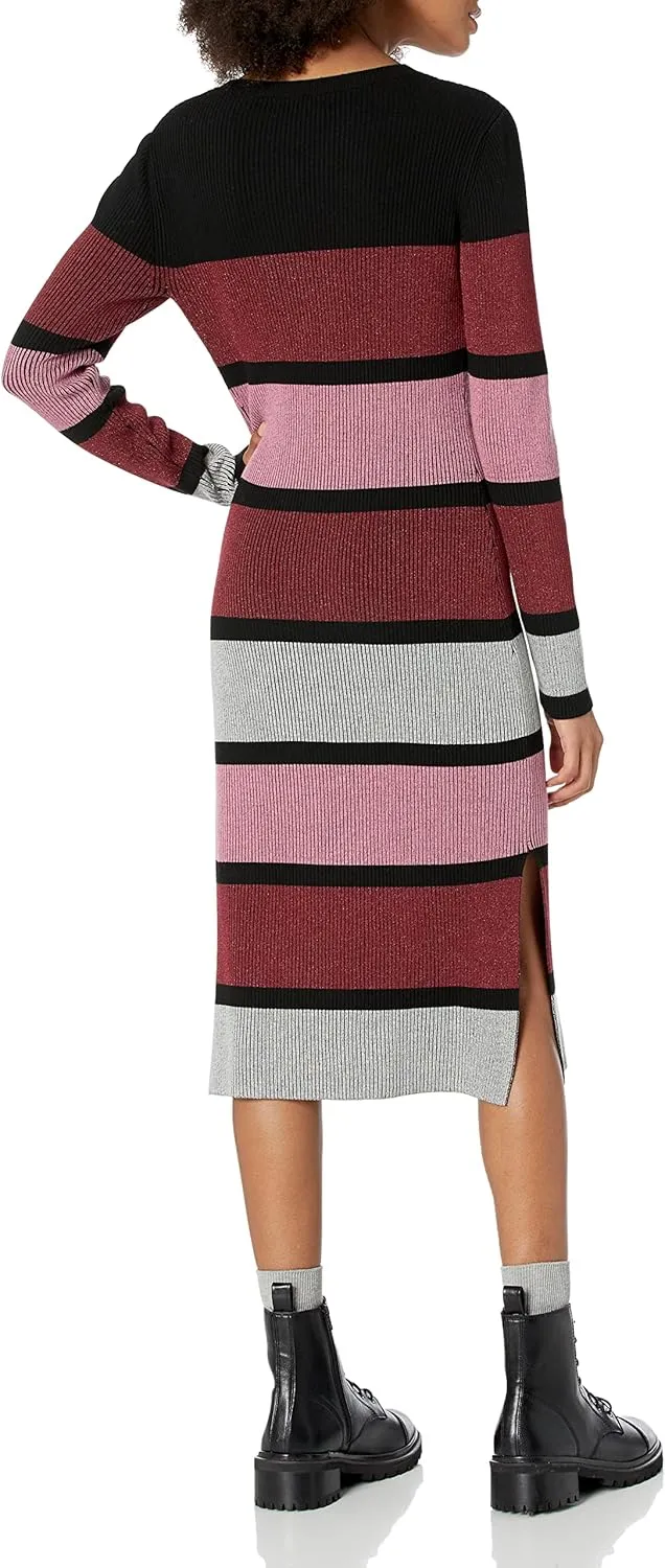 Cable Stitch Women's Stripe Ribbed Dress - Crewneck Long Sleeve Colorblock Bodycon Fitted Midi Sweater Dress