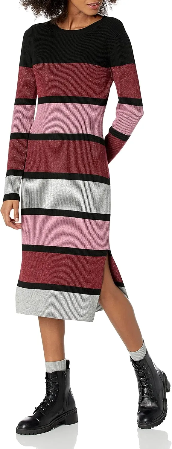 Cable Stitch Women's Stripe Ribbed Dress - Crewneck Long Sleeve Colorblock Bodycon Fitted Midi Sweater Dress