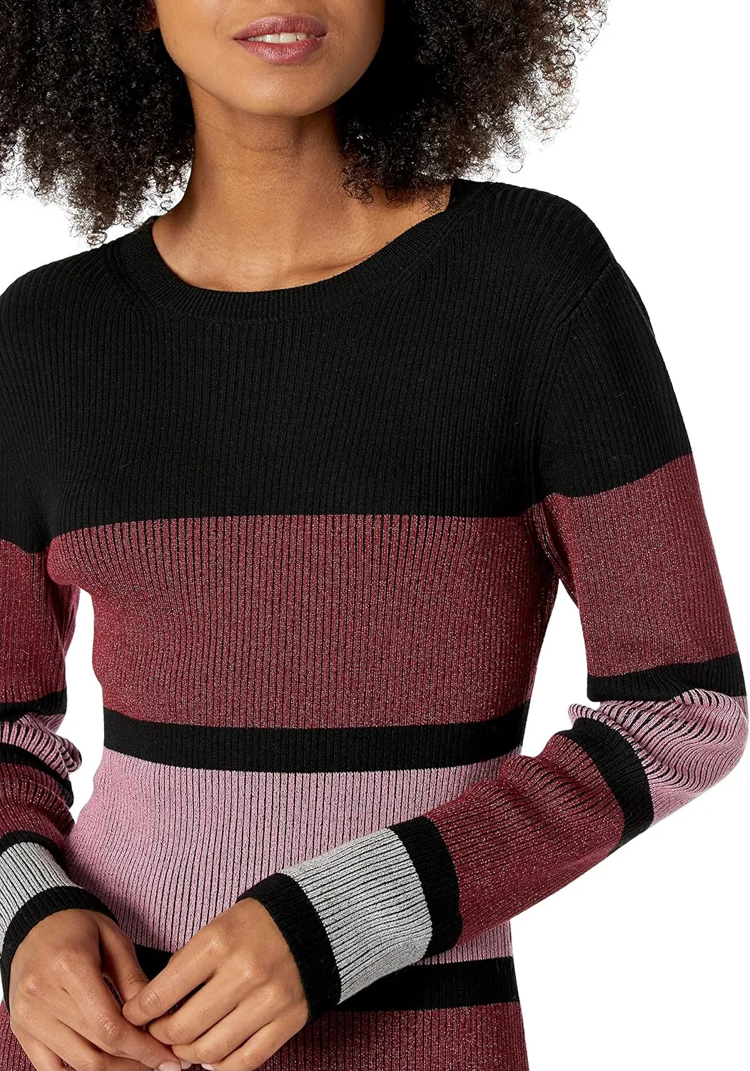 Cable Stitch Women's Stripe Ribbed Dress - Crewneck Long Sleeve Colorblock Bodycon Fitted Midi Sweater Dress