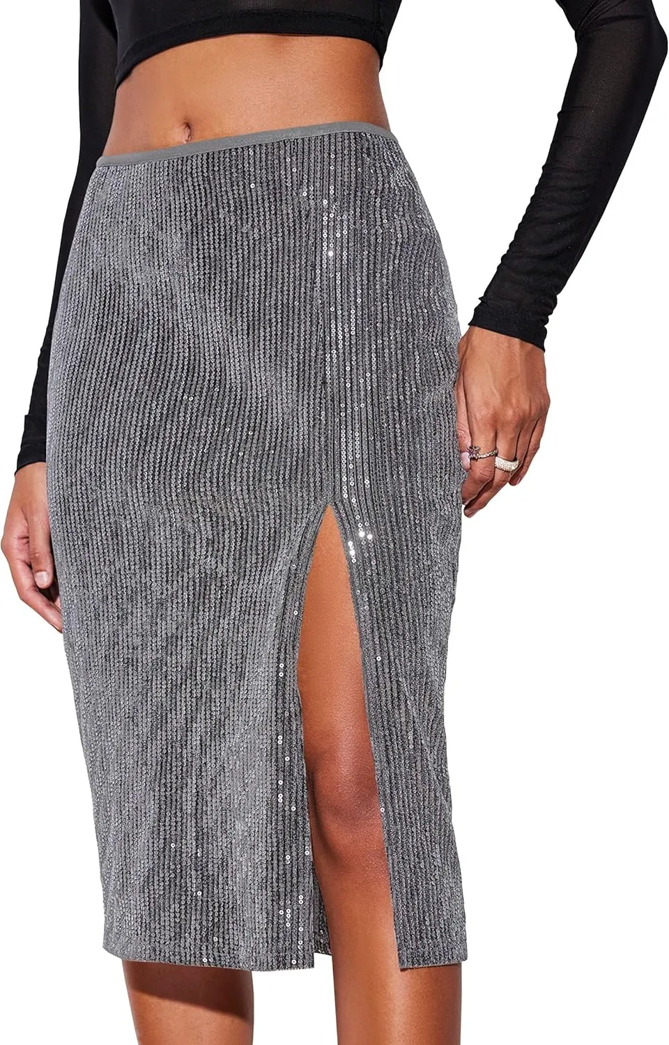 Cantonwalker Women's High Waist Front Slit Bodycon Fit Stretch Satin Work Midi Skirts 0243