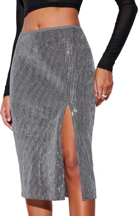 Cantonwalker Women's High Waist Front Slit Bodycon Fit Stretch Satin Work Midi Skirts 0243